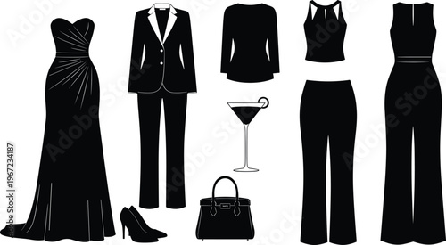 Black silhouette fashion vector set featuring elegant gown, tailored suit, blouse, jumpsuit, shoes, handbag, and martini glass accessory illustration