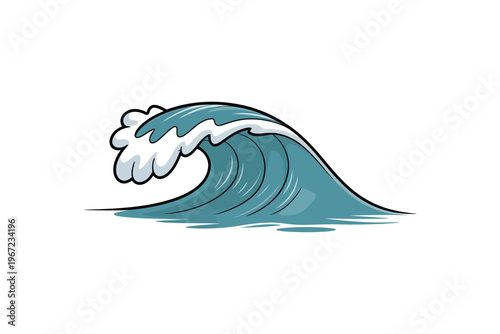 A stylized cartoon illustration of a large ocean wave with a curling crest ideal for design projects on transparent background.