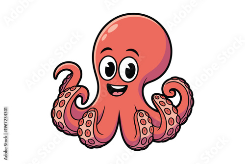A cheerfully illustrated red octopus with large eyes and a smiling face perfect for digital art projects on transparent background.