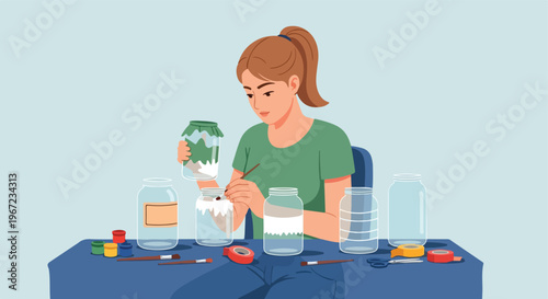 A young woman painting designs on glass jars while seated at a crafting table