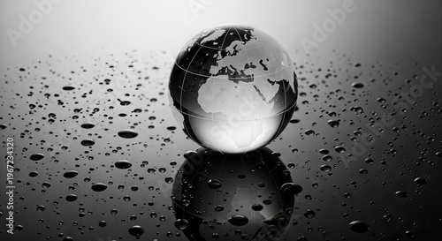 Glass globe on wet surface with reflections in monochrome for global concepts