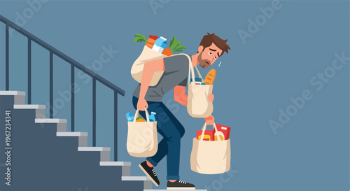 An exhausted man struggles to carry many heavy grocery bags up a staircase area