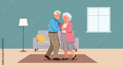 An elderly couple dancing affectionately in a cozy, well-lit living room setting