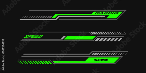 Car race stripes set. Automobile identity. Vehicle marking elements for transport modifying. Speed lines, racing tuning strips or car stickers. Vector illustration isolated on black background