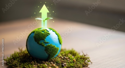 Globe with growing plant and arrow environmental sustainability concept