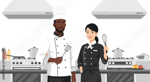 Diverse chefs in professional kitchen attire holding tools in a modern kitchen