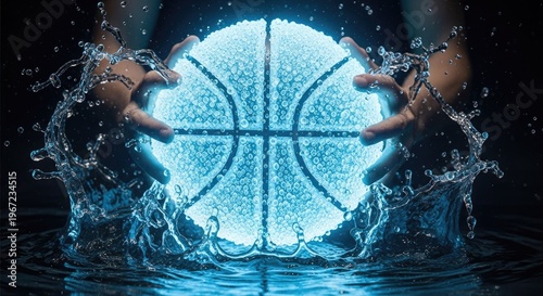 Glowing basketball displayed between hands with water splashes in dark scene
