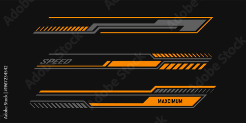 Car race stripes set. Automobile identity. Vehicle marking elements for transport modifying. Speed lines, racing tuning strips or car stickers. Vector illustration isolated on black background