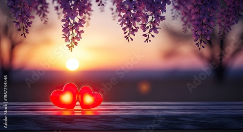 Glowing hearts in sunset light with floral overlays and blurred background