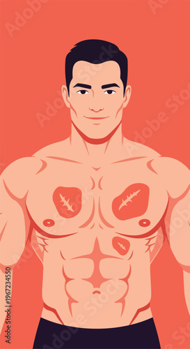 A shirtless muscular man with visible surgical scars on his chest and abdomen