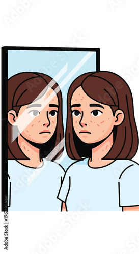 A young woman looks sadly at her reflection in a mirror, showing acne on skin