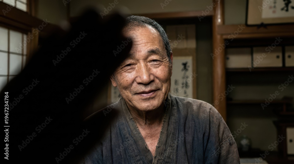 Obraz premium Elderly Man in Traditional Attire Smiling in Japanese Interior Setting