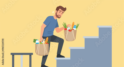 A tired man sweating while carrying heavy grocery bags up a set of stairs alone