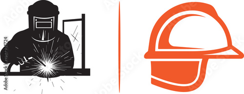 Industrial vector set featuring a welder in a protective mask working with bright sparks alongside an orange safety hard hat, highlighting essential personal protective equipment (PPE).