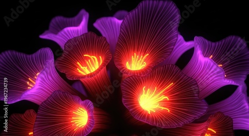 Glowing purple flowers with yellow center against a dark background closeup