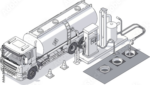 Isometric Fuel Tanker Truck Delivering Petrol at Gas Station Infrastructure. Technical Line Art Illustration of Oil Transport, Refueling Pump, and Underground Storage.