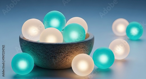 Glowing spheres in a bowl creating a serene abstract composition on a blue background