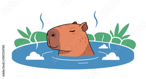 A relaxed capybara bathing in steaming hot water surrounded by lush green plants