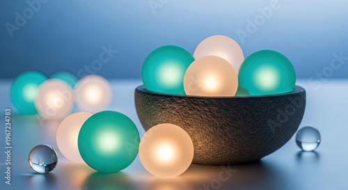 Glowing spheres in a bowl teal and cream orbs displayed on a surface