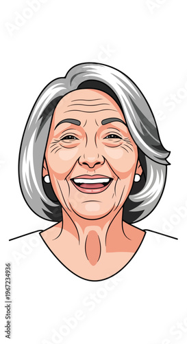 A vibrant cartoon portrait of a joyful older woman with short, gray hair