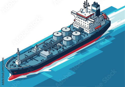 Isometric Vector Illustration of a Large Oil Tanker Ship Sailing on Blue Water - Global Maritime Transport and Energy Logistics Concept
