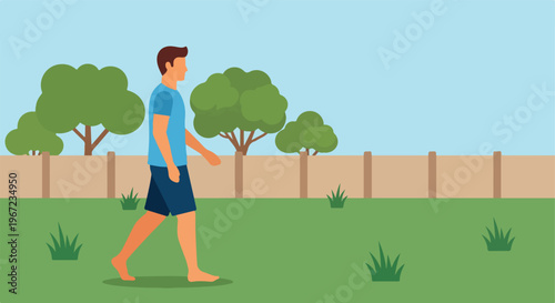 A man in casual clothing walking barefoot across a grassy lawn in the daytime