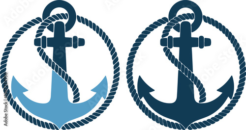 Nautical anchor icons with rope circles in blue colors