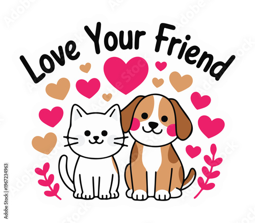 Cute Cat and Dog with Hearts Vector on a White Background
