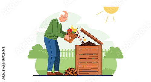 An elderly man dumps organic food scraps into a wooden backyard composting bin