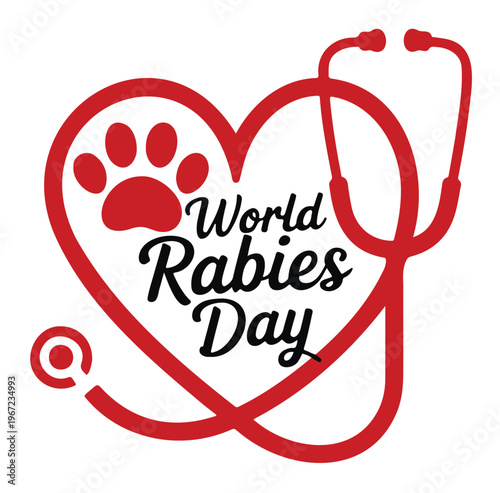 Red Heart with World Rabies Day Text and Stethoscope Vector on a White Background