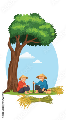 Two elderly Asian farmers resting in traditional straw hats under a large tree