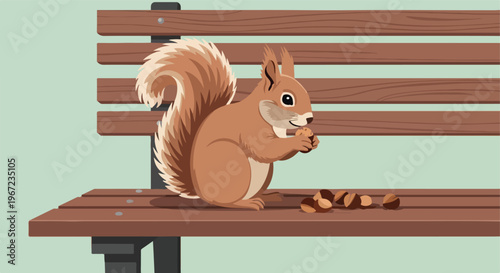 A cute brown squirrel sits on a wooden park bench eating a small brown nut