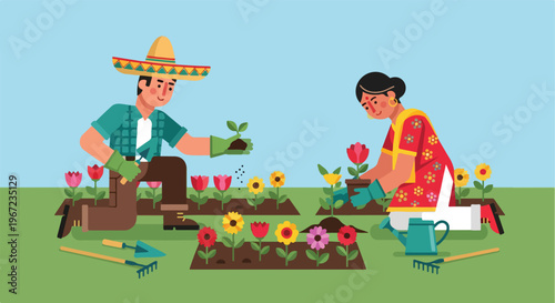 A man and a woman in cultural clothing planting flowers in a sunny garden area