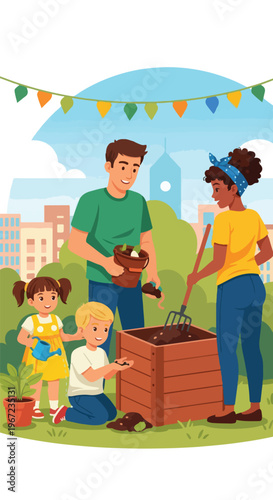 A diverse family works together in a garden, composting and watering young plants