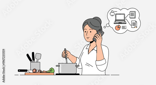 A woman cooking in the kitchen while talking on a phone about business projects
