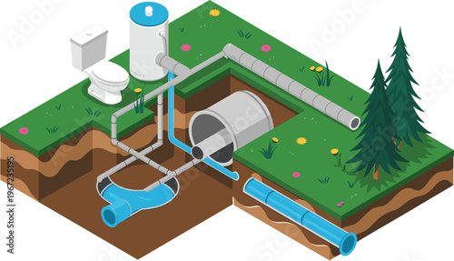 Isometric Septic Tank and Underground Sewerage System Vector Illustration Featuring Toilet Plumbing, Water Filtration Pipes, Storage Tanks, and Drainage Infrastructure for Sustainable Sanitation 
