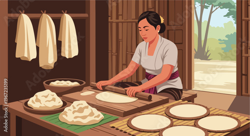 A woman rolls out dough on a wooden board inside a rustic bamboo home kitchen