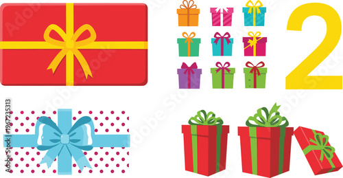 Colorful Gift Box Present Set with Ribbon and Bow, Birthday and Holiday Package Collection for Celebration, Party and Christmas Vector Illustration