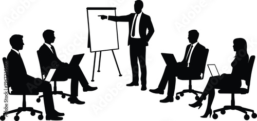 Business silhouette of a professional leader giving a presentation to a diverse team in a meeting room, featuring a flipchart and corporate employees.