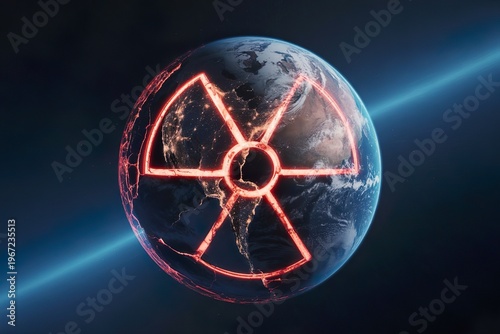 planet earth with flame fissure crack and radioactive symbol. nuclear war threaten life