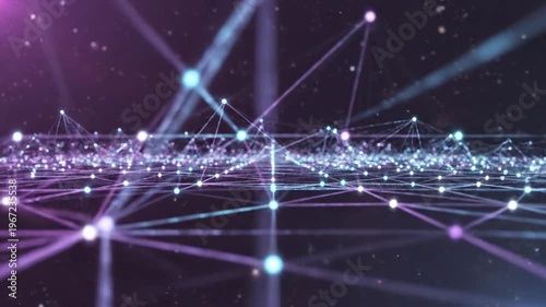 A futuristic network of glowing blue and purple lines and nodes spreading across a dark background with starry night sky