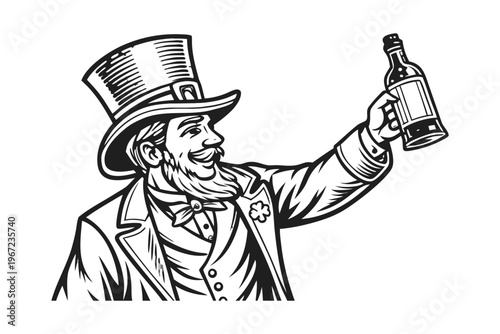 Leprechaun Man Holding Whiskey for St Patrick’s Day Vintage Illustration. Vintage black and white vector illustration of a classic Irish leprechaun man, detailed engraving style.