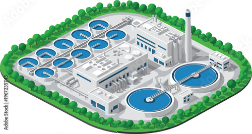 Isometric Vector Illustration of Modern Industrial Wastewater Treatment Plant Featuring Circular Clarifier Tanks Processing Buildings Filtration Systems and Green Trees for Environmental