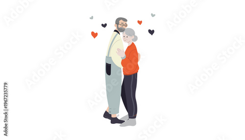 A loving senior couple embracing with hearts around them in an illustration