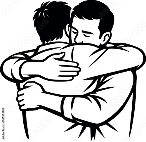 Two men embrace in a tight hug displaying affection and support