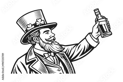 Leprechaun Man Holding Whiskey for St Patrick’s Day Vintage Illustration. Vintage black and white vector illustration of a classic Irish leprechaun man, detailed engraving style.