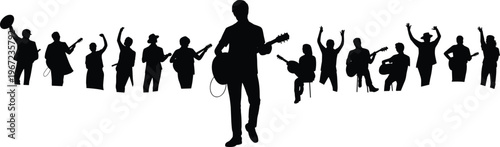 Silhouette collection of various musicians playing acoustic guitars and performing on stage, featuring singers, guitarists, and cheering fans for live music concert event concepts.