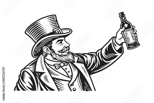 Leprechaun Man Holding Whiskey for St Patrick’s Day Vintage Illustration. Vintage black and white vector illustration of a classic Irish leprechaun man, detailed engraving style.