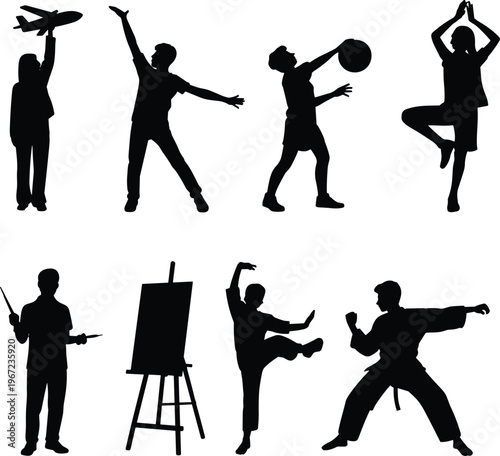 Silhouette set of passionate couples in romantic poses with intimate kissing and deep embracing on dark background, perfect for Valentine’s Day and wedding anniversary designs.