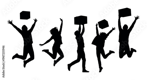 Silhouettes of happy people jumping with cardboard boxes